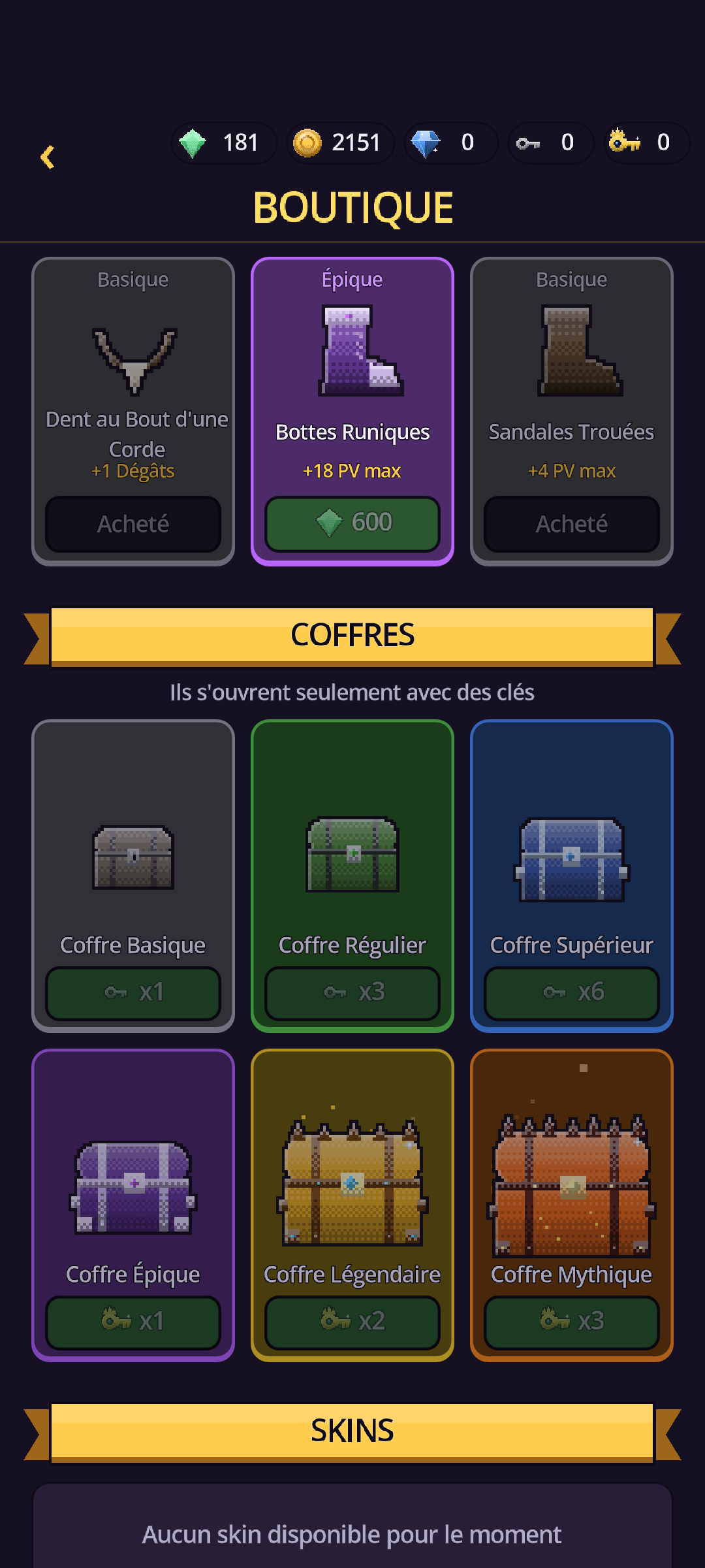 Boutique : objets, coffres de six raretés et section des skins