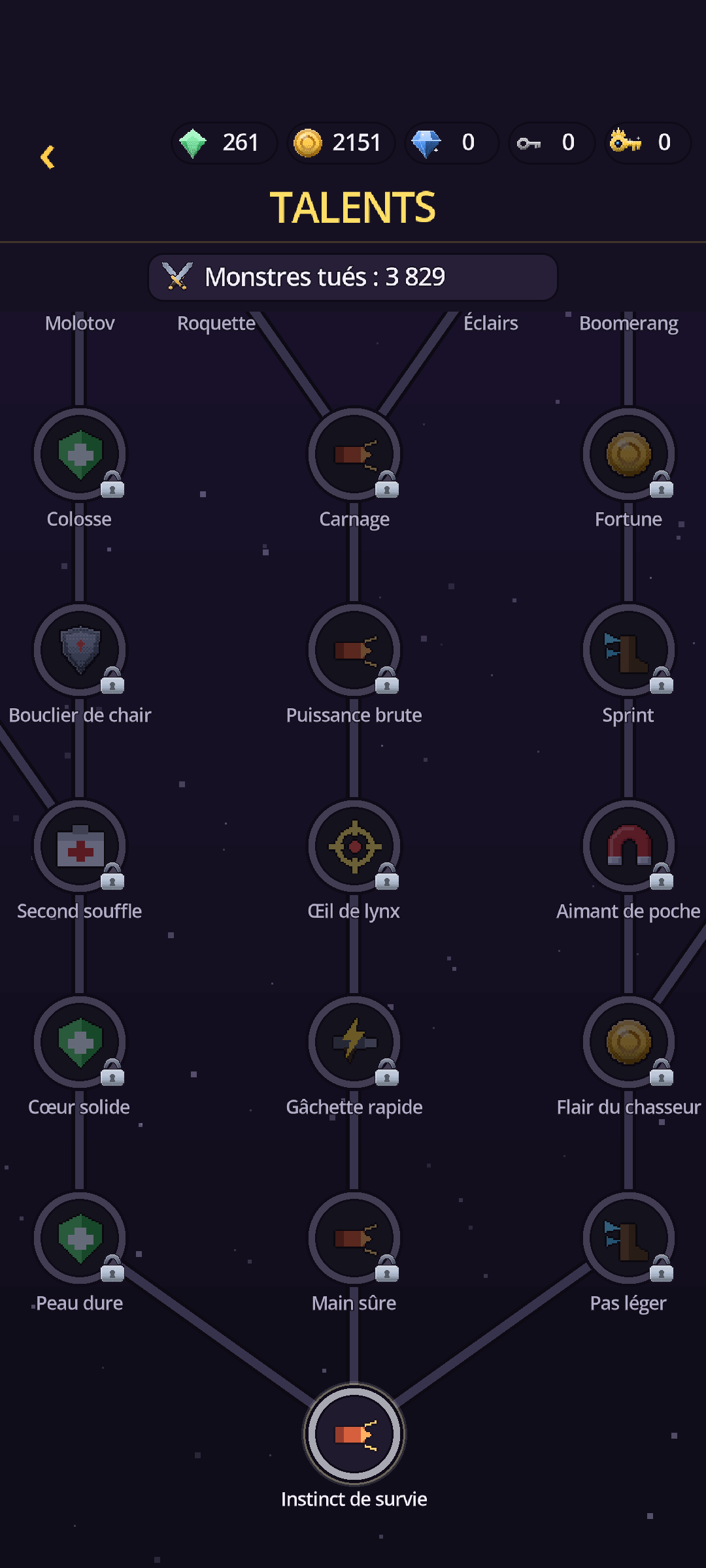 Arbre de talents en trois branches, avec des talents à débloquer
